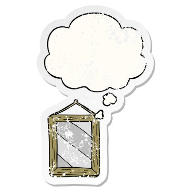 karikatür ayna ve sıkıntılı yıpranmış etiket olarak kabarcık düşünce