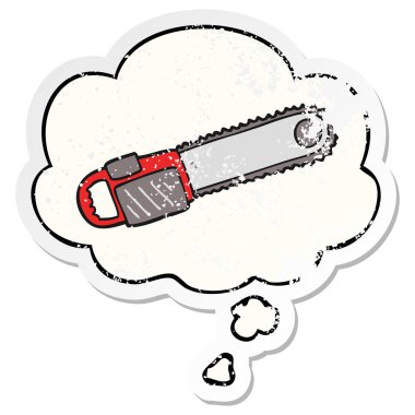 bir sıkıntılı yıpranmış etiket olarak karikatür testere ve düşünce balonu