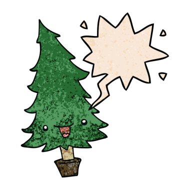 retro doku s sevimli karikatür noel ağacı ve konuşma balonu