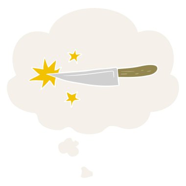 karikatür keskin mutfak bıçağı ve retro tarzında kabarcık düşünce