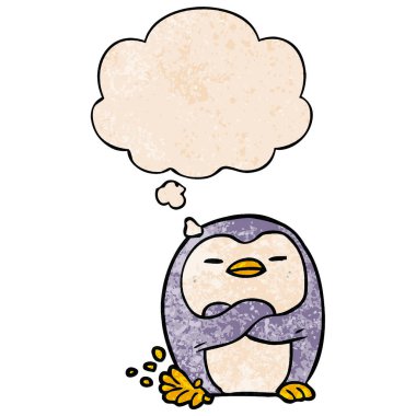 karikatür penguen dokunarak ayak ve grunge textur düşünce balonu