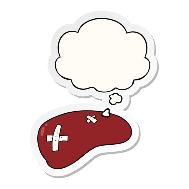 karikatür basılı bir etiket olarak karaciğer ve düşünce balonu tamir