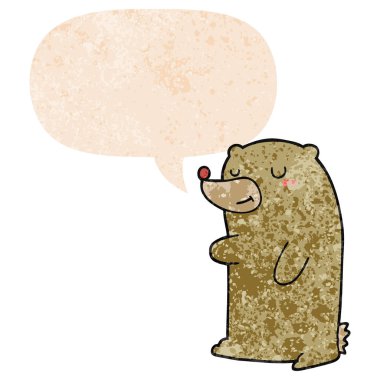 retro dokulu tarzda sevimli karikatür ayı ve konuşma balonu