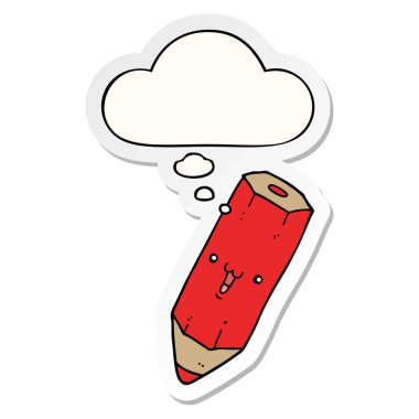 mutlu karikatür kalem ve basılı bir etiket olarak kabarcık düşünce