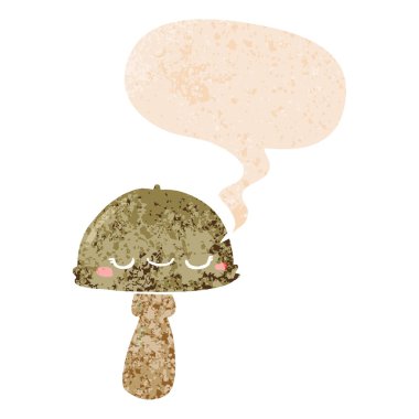retro dokulu tarzda karikatür mantar ve konuşma balonu