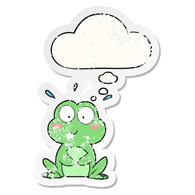 sevimli karikatür kurbağa ve sıkıntılı yıpranmış sticke olarak kabarcık düşündüm