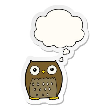 karikatür baykuş ve baskılı bir etiket olarak düşünce kabarcık