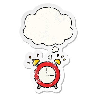 bir sıkıntılı yıpranmış etiket olarak çalar saat ve düşünce balonu