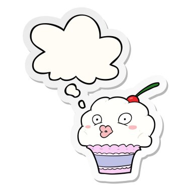 karikatür cupcake ve baskılı bir etiket olarak kabarcık düşünce
