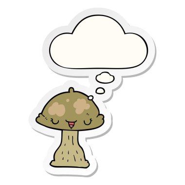 karikatür toadstool ve baskılı bir etiket olarak kabarcık düşünce