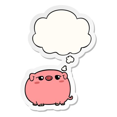 sevimli karikatür domuz ve basılı bir etiket olarak kabarcık düşünce