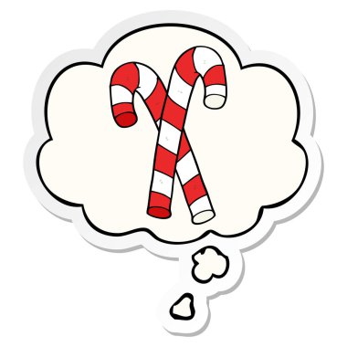 karikatür şeker kamışı ve baskılı bir etiket olarak kabarcık düşünce