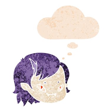 retro dokulu s karikatür vampir kız yüz ve düşünce balonu