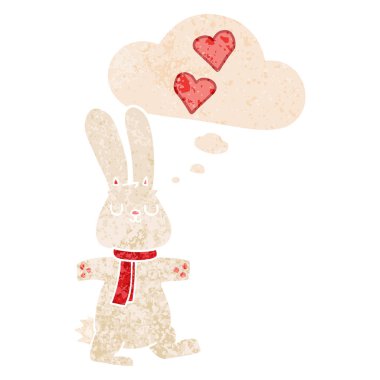retro dokulu stilde aşk ve düşünce balonu karikatür tavşan