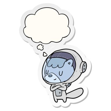 karikatür astronot hayvan ve baskılı bir etiket olarak kabarcık düşünce
