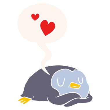 karikatür penguen ve retro tarzında aşk kalpleri ve konuşma balonu