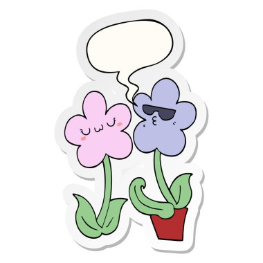sevimli karikatür çiçek ve konuşma kabarcık etiket