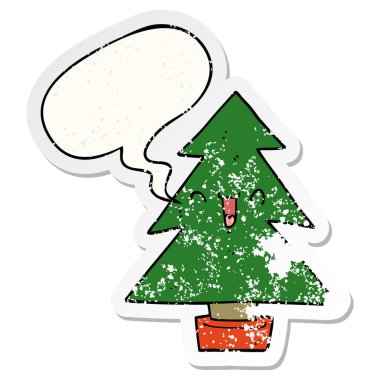 karikatür noel ağacı ve konuşma balonu sıkıntılı etiket