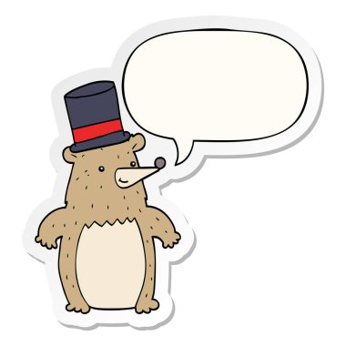 üst şapka ve konuşma kabarcık etiket karikatür ayı