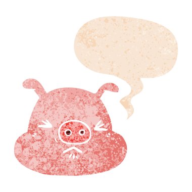 retro dokulu tarzı karikatür kızgın domuz yüz ve konuşma balonu