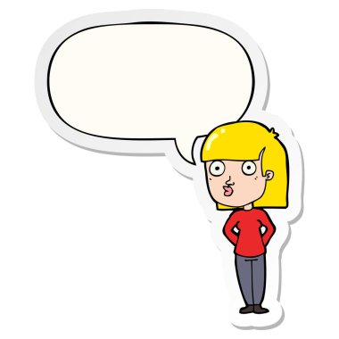 karikatür kadın bakan ve konuşma kabarcık etiket