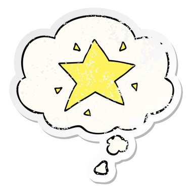 karikatür yıldızı ve sıkıntılı yıpranmış etiket olarak kabarcık düşünce