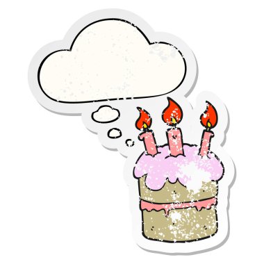 karikatür doğum günü pastası ve sıkıntılı yıpranmış st olarak kabarcık düşünce
