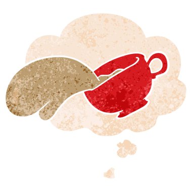 karikatür kahve fincanı ve retro dokulu tarzında düşünce balonu