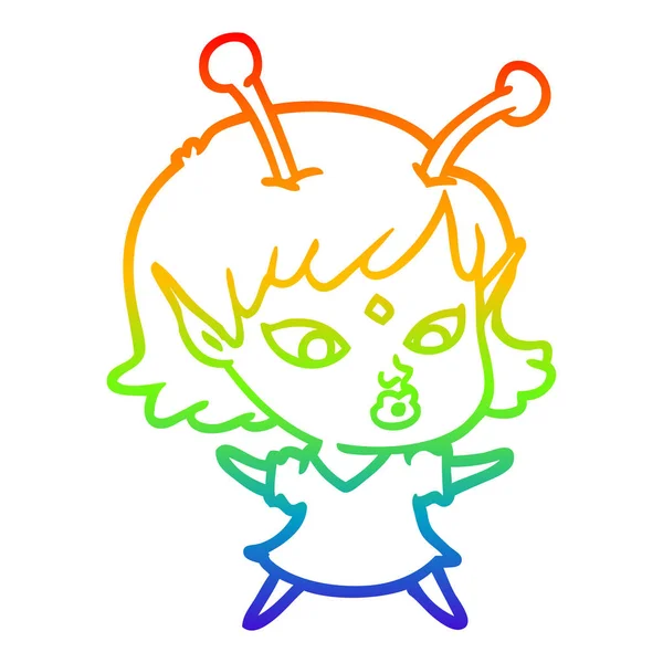 Regenboog gradiënt lijntekening pretty cartoon Alien Girl — Stockvector