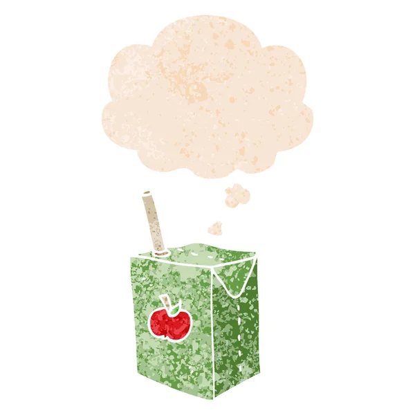 Cartoon apple juice box and thought bubble in retro textured sty — Stock Vector