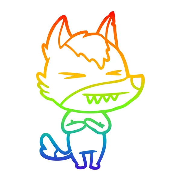 Regenboog gradiënt lijntekening boze wolf cartoon — Stockvector