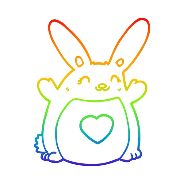 Rainbow gradient line drawing cartoon rabbit with love heart — Stock Vector