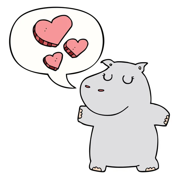 Hippopotame dessin animé dans l'amour et la bulle de la parole — Image vectorielle
