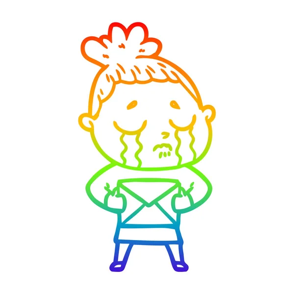 Rainbow gradient line drawing cartoon crying woman with letter — Stock Vector