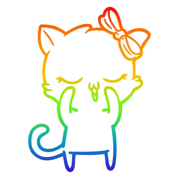 Arco iris gradiente línea dibujo dibujos animados gato con arco en la cabeza — Vector de stock