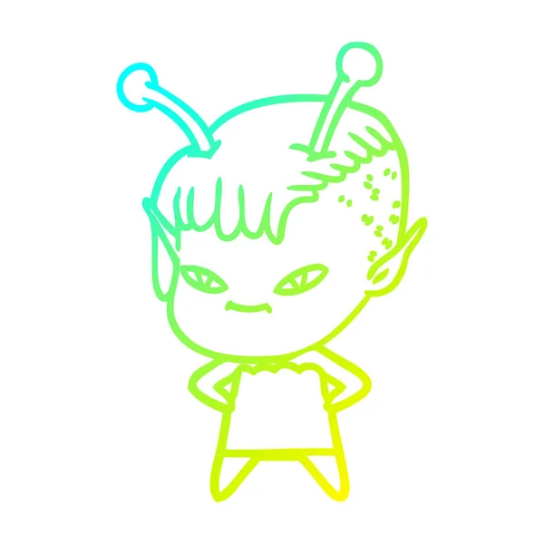 Froid dégradé ligne dessin mignon dessin animé alien fille — Image vectorielle