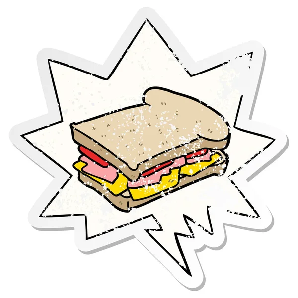 Karikatür jambon peynir domates sandviç ve konuşma balonu sıkıntılı — Stok Vektör