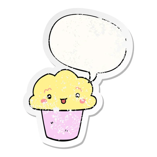 Cartoon cupcake en gezicht en toespraak bubble noodlijdende sticker — Stockvector