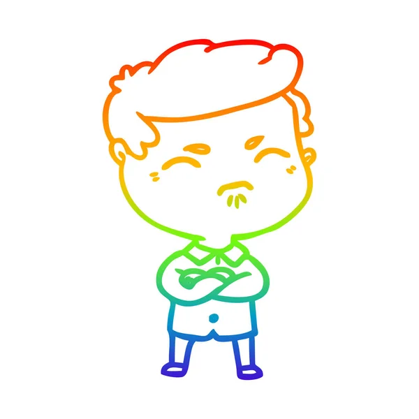 Rainbow gradient line drawing cartoon annoyed man — Stock Vector