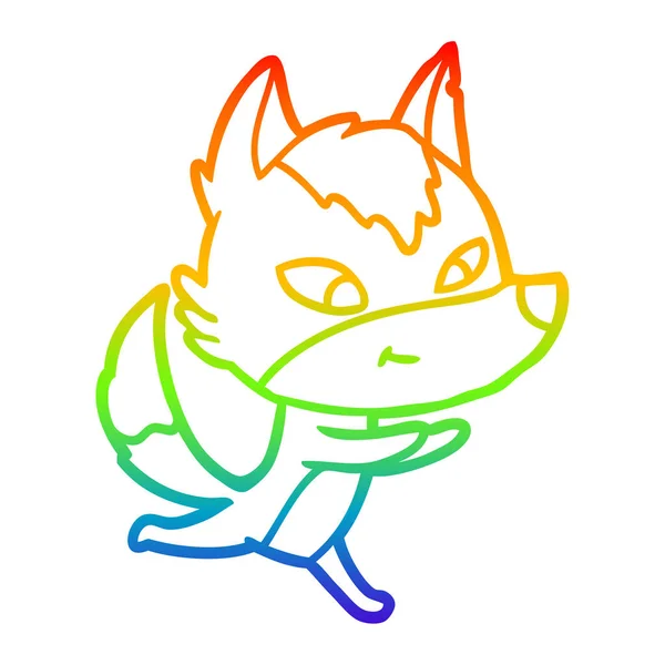 Arco-íris linha gradiente desenho amigável desenho animado lobo correndo — Vetor de Stock