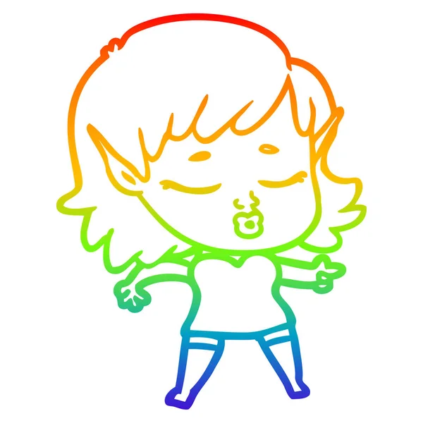 Arco iris gradiente línea dibujo bonito dibujos animados elfo chica — Vector de stock