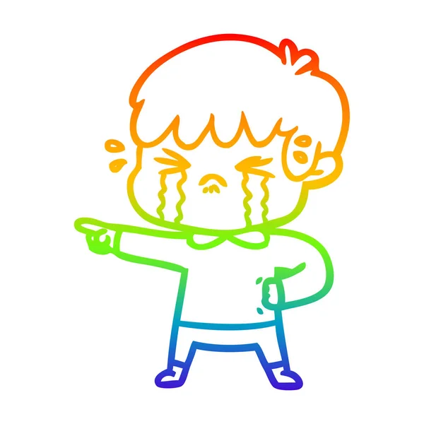 Regenbogen-Gradienten-Linie zeichnet weinenden Jungen Karikatur — Stockvektor