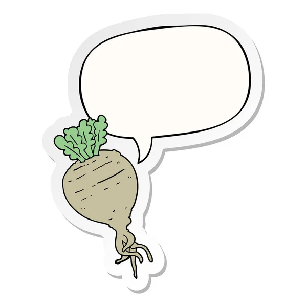 Cartoon root vegetable and speech bubble sticker — Stock Vector