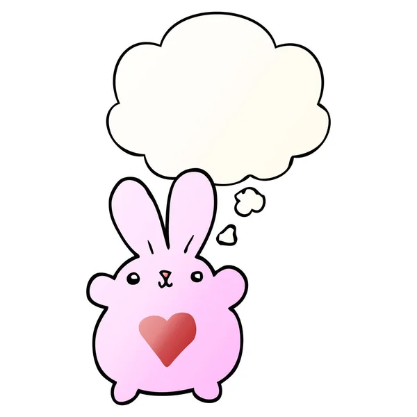 Lapin dessin animé mignon avec coeur d'amour et bulle de pensée en douceur — Image vectorielle