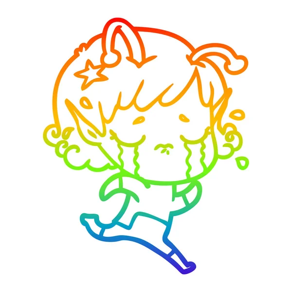 Rainbow gradient linje ritning tecknad Crying Alien Girl — Stock vektor