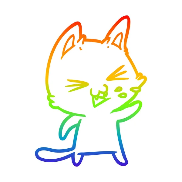 Regenbogengradienten Linie Zeichnung Karikatur Katze fauchend — Stockvektor