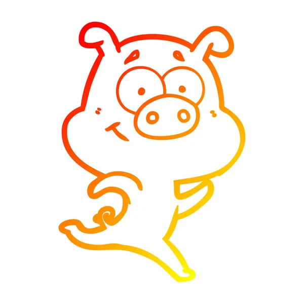 Warm gradient line drawing happy cartoon pig running — Stock Vector