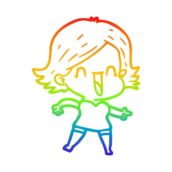 Rainbow gradient ligne dessin dessin animé rire femme pointant — Image vectorielle