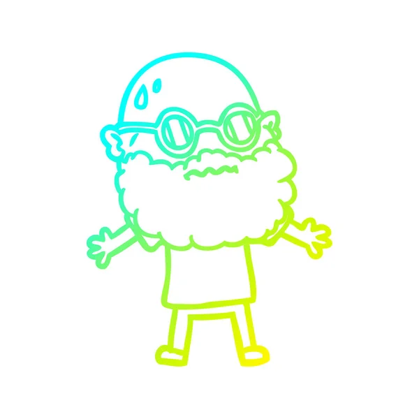 Linha gradiente frio desenho cartoon preocupado homem com barba e su — Vetor de Stock
