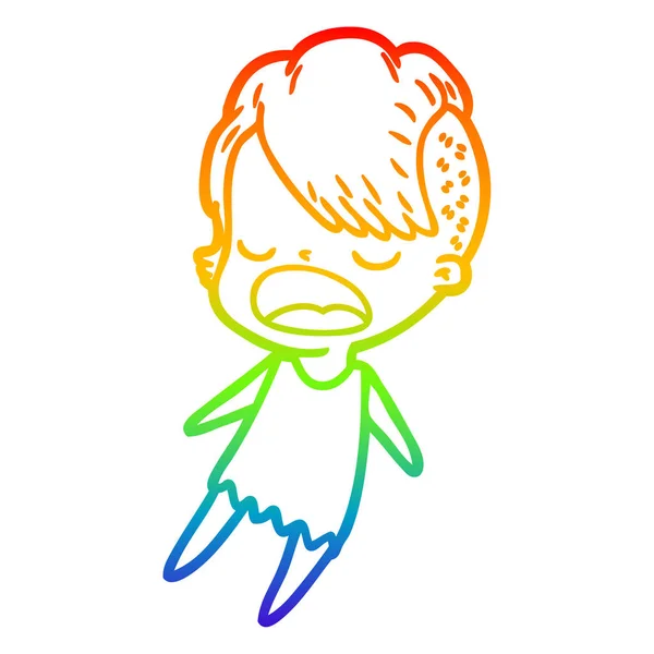 Rainbow gradient linje ritning tecknad cool hipster flicka pratar — Stock vektor